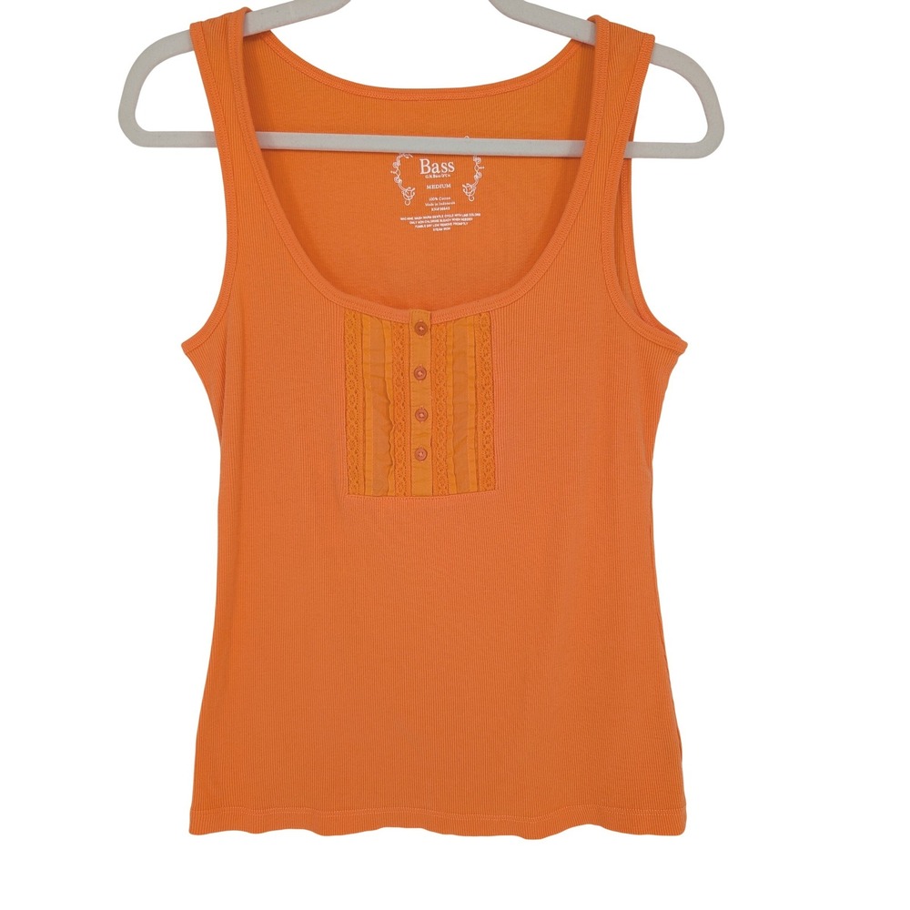 90s‎ Y2K Tank Top Womens M Orange Ribbed Lace Ruffle Henley Coastal Boho Preppy